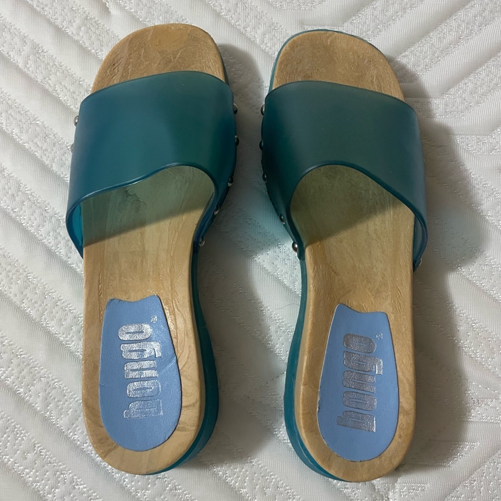 Vintage Bongo wood and jelly slides, size 6, made in Italy, 90s